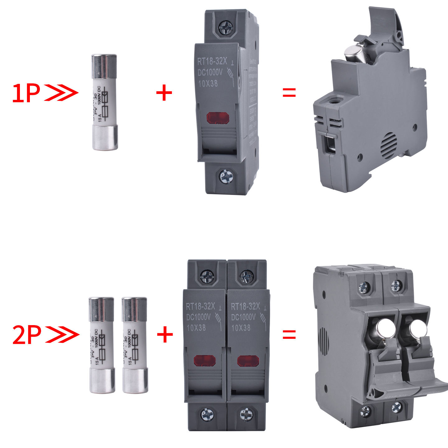 -82 Photovoltaic solar 1000V DC fuse, with fuse holder and indicator light, 10A, 16A, 20A, 25A, 30A, 32A, DIN rail mounting, 1P, 2P, 3P, 4P - 图片 1